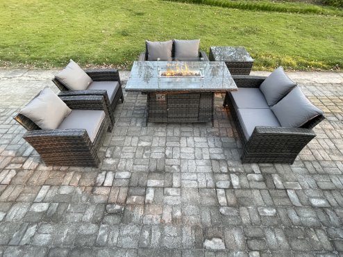 Fimous Wicker PE Rattan Garden Furniture Sets 6 Seater Patio Outdoor Gas Firepit Dining Table Heater Set with Double Seat Sofa Side Table Dark Grey Mixed