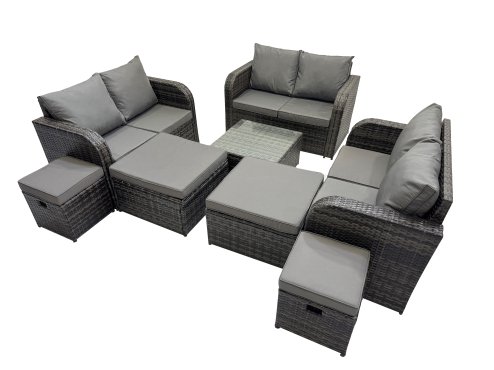Fimous Rattan Garden Outdoor Furniture Set Love Sofa Square Coffee Table Set with 4 Stools Dark Grey Mixed