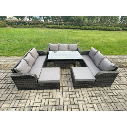 Fimous Patio Rattan Garden Furniture Set with Oblong Rectangular Dining Table 11 Seater Outdoor Lounge Sofa Set Dark Grey Mixed