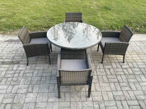 Fimous Wicker PE Outdoor Rattan Garden Furniture Arm Chair And Table Dining Sets 4 Seater Large Round Table Dark Grey Mixed