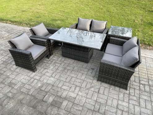 Fimous Rattan Garden Furniture Sets 6 Seater Patio Outdoor Rising Lifting Table Sofa Set with Double Seat Sofa Side Table Dark Grey Mixed