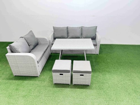 Fimous Outdoor PE Rattan Garden Furniture Set Rectangular Dining Table Sofa Set with 2 Small Stool Light Grey