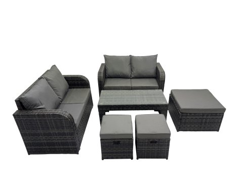 Fimous 3 Seater Sofa Reclining Chair Coffee Table Set Rattan Garden Outdoor Furniture Set with 3 Stools Dark Grey Mixed