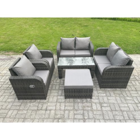Fimous Rattan Garden Furniture Set with Rectangular Coffee Table Big Footstool 7 Seater Patio Outdoor Lounge Sofa Set