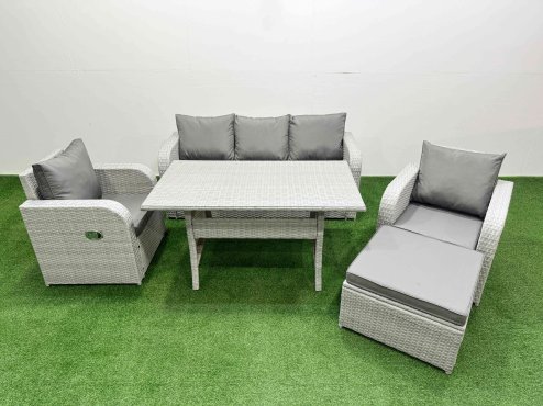 Fimous PE Rattan Garden Furniture Set Reclining Chair Sofa Lounge Sofa Set Rectangular Dining Table Big Footstool Light Grey