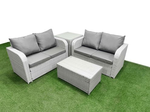 Fimous 4 Seater Outdoor Love Sofa Set Rattan Garden Furniture Set with Rectangular Coffee Table Side Table Light Grey