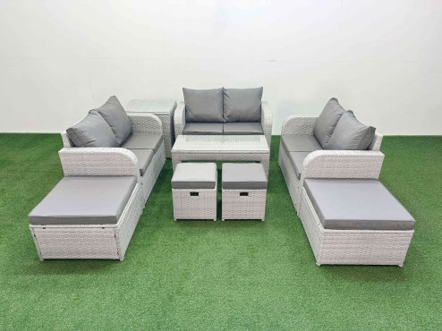 Fimous PE Wicker Rattan Furniture Sofa Sets with Oblong Coffee Table Love Sofa 4 Stools Side Table Light Grey Mixed