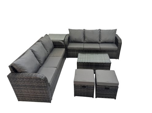 Fimous Outdoor 3 Seater Sofa Coffee Table Set Garden Rattan Furniture Set 8 Seater with 2 Small Stools Side Table Dark Grey