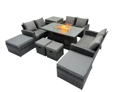 Fimous Outdoor Love Sofa Set 10 Seat Rattan Garden Furniture Set with Gas Firpit Dining Table 4 Footstools Side Table Dark Grey Mixed