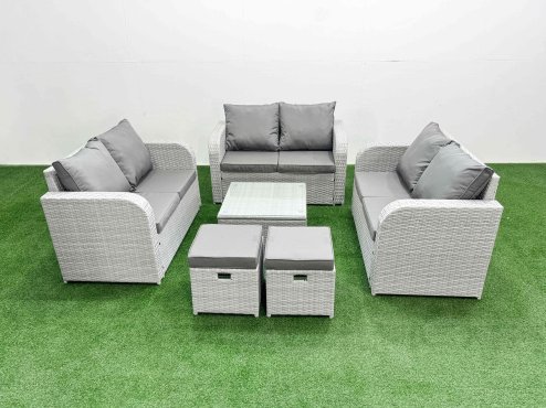 Fimous 8 Seater PE Wicker Rattan Furniture Sofa Sets with Square Coffee Table 2 Seater Love Sofa 2 Stool Light Grey