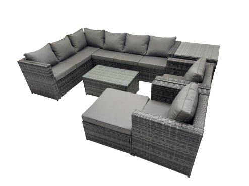 Fimous Outdoor Rattan Rectangular Coffee Table Corner Sofa Sets Garden Furniture Set with 2 Chairs Big Stool Side Table Dark Grey Mixed