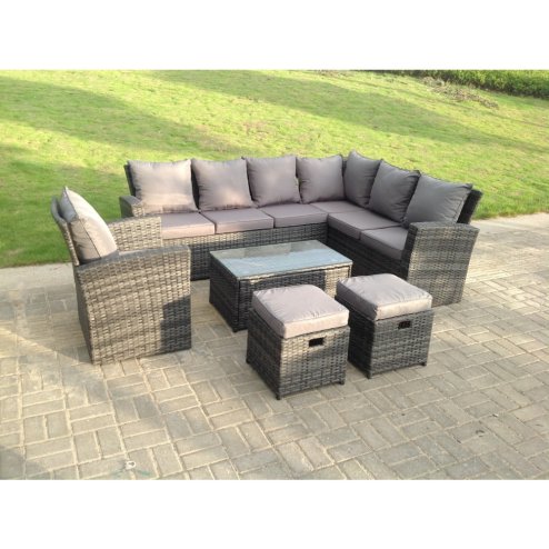 Fimous 9 Seater High Back Rattan Garden Furniture Set Corner Sofa With Oblong Coffee Table Stools With Chair