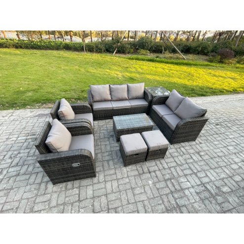 Fimous 9 Seater Rattan Wicker Garden Furniture Patio Conservatory Sofa Set with Rectangular Coffee Table 3 Seater Sofa Love Sofa 2 Small Footstools Side Table