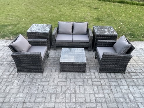 Fimous Outdoor Lounge Sofa Set Wicker PE Rattan Garden Furniture Set with Armchair Square Coffee Table Double Seat Sofa 2 Side Tables Dark Grey Mixed
