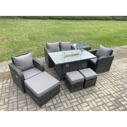 Fimous Rattan Garden Furniture Set Outdoor Patio Gas Fire Pit Dining Table and Chairs with Love seat Sofa 3 Footstools Side Table