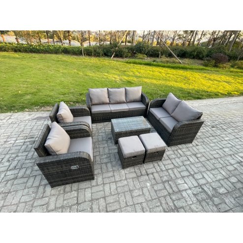 Fimous 9 Seater Rattan Wicker Garden Furniture Patio Conservatory Sofa Set with Rectangular Coffee Table 3 Seater Sofa Love Sofa 2 Small Footstools