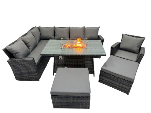 Fimous Poly Rattan Outdoor Patio Gas Firpit Dining Table Corner Sofa Set with 2 Big Stools Chair for Garden Backyard Dark Grey Mixed