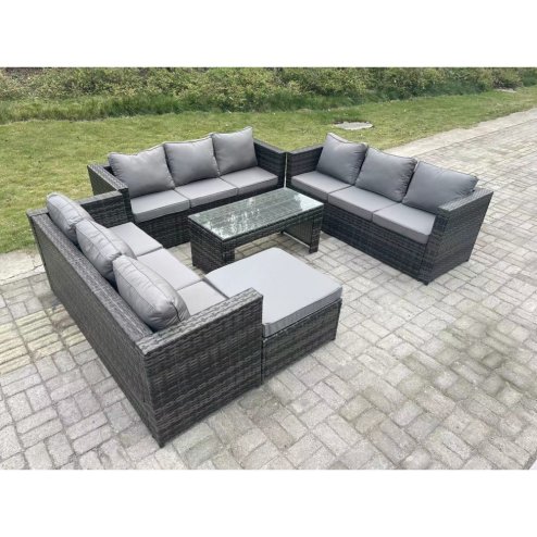 Fimous Outdoor Rattan Garden Furniture Lounge Sofa Set With Oblong Rectagular Coffee Table Big Footstool
