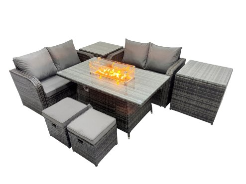 Fimous 6-seater Patio Gas Firpit Dining Table Sofa Sets Rattan Garden Furniture Dining Set with 2 Side Tables 2 Small Stools Dark Grey Mixed