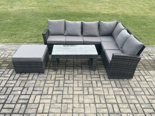 Fimous Rattan Corner Sofa Garden Furniture Set with Big Footstool Rectangular Coffee Table with Cushion Dark Grey Mixed