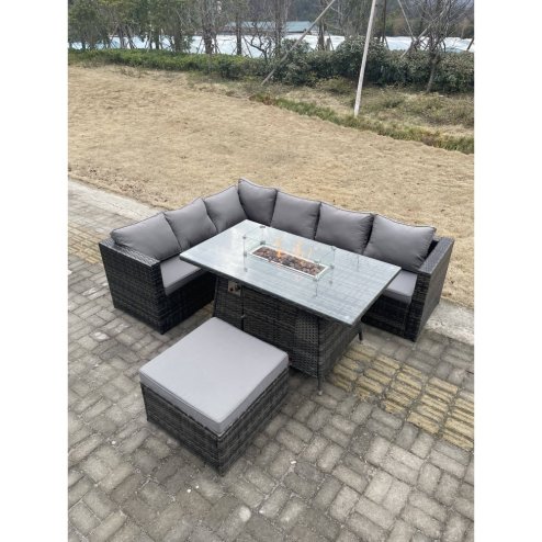 Fimous Rattan Corner Sofa Set Gas Firepit Dining Table Set Patio Heater Burner With Big Footstool Dark Grey