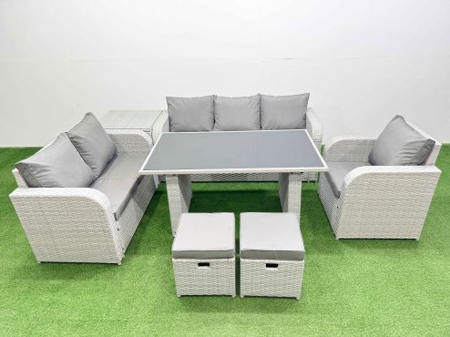 Fimous Rattan Outdoor Table Reclining Chair Sofa Set with Side Table 2 Small Stools Light Grey 8 Seater