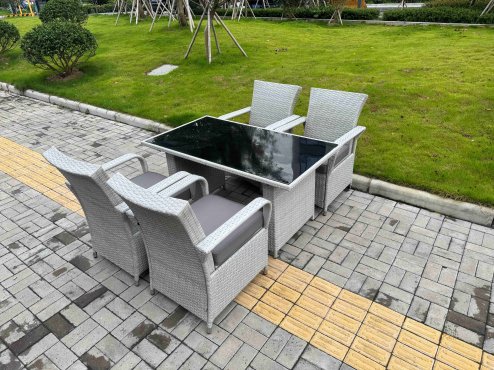 Fimous Light Grey Rattan Outdoor Garden furniture Set Black Tempered Glass Dining Table and 4 Chairs Set with Seat Cushion
