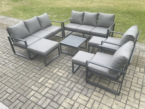 Fimous Aluminium Outdoor Garden Furniture Set Patio Lounge Sofa with Square Coffee Table 2 Armchairs 3 Footstools Dark Grey