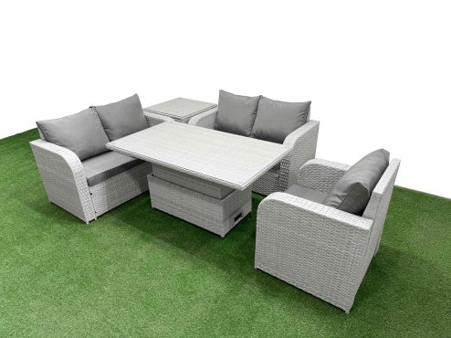 Fimous High Back Poly Rattan Garden Furniture Set with Reclining Chair Loveseat Sofa Adjustable Lifting Dining or Coffee Table Indoor Outdoor Patio Set Side Table Light Grey