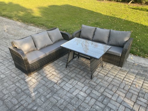 Fimous 6 Seater Garden Furniture Sofa Set Rectangular Dining Table Indoor Outdoor Rattan Set Dark Grey Mixed