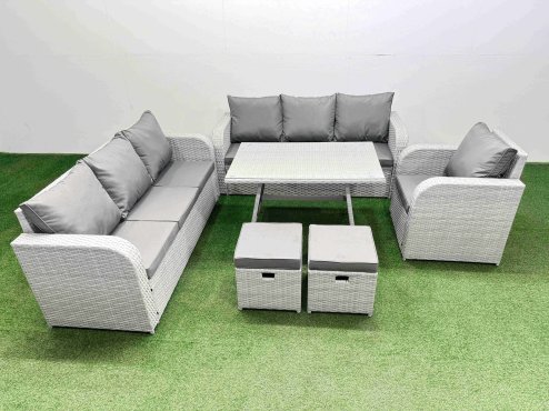 Fimous 6 Pieces Outdoor PE Rattan Garden Furniture with Cushions Reclining Chair 2 Small Stools Light Grey