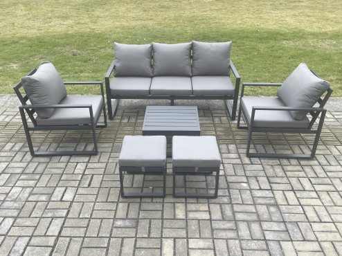 Fimous Aluminium 7 Seater Outdoor Lounge Sofa Set Garden Furniture Sets with Square Coffee Table 2 Chairs 2 Small Footstools Dark Grey