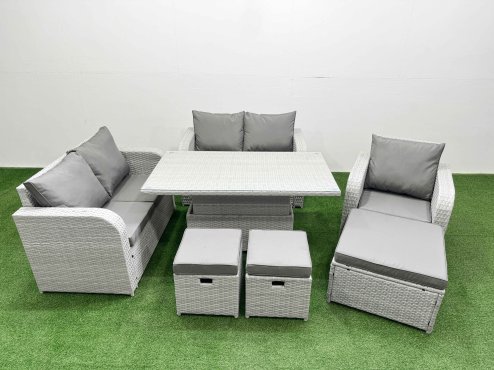 Fimous High Back Poly Rattan Garden Furniture Set with Reclining Chair Loveseat Sofa Adjustable Lifting Dining or Coffee Table Indoor Outdoor Patio Set 3 Stools Light Grey