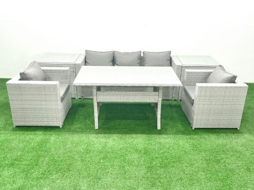 Fimous Garden Dining Set Outdoor Rattan Furniture Set with Sofa Dining Table 2 Chairs 2 Side Tables Light Grey Mixed