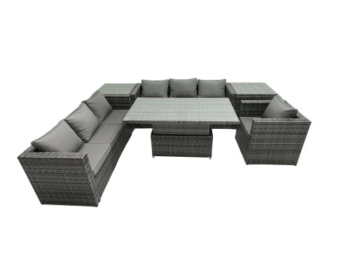 Fimous Rattan Dining Table Sofa Set with 2 Side Table Armchair Outdoor 7 Seat Garden Furniture Set Dark Grey Mixed