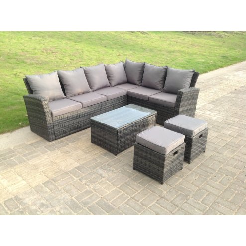 Fimous 8 Seater High Back Rattan Garden Furniture Set Corner Sofa With Oblong Coffee Table Stools