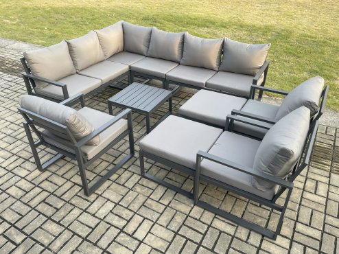 Fimous 11 Seater Outdoor Lounge Corner Sofa Set Aluminum Garden Furniture Sets with Square Coffee Table 3 Chairs 2 Big Footstools Dark Grey