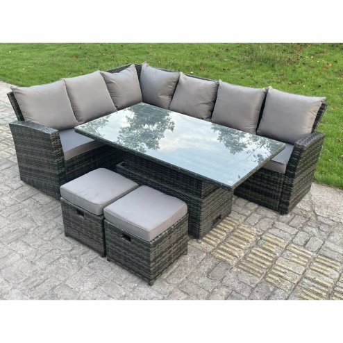 Fimous High Back Rattan Garden Furniture Corner Sofa Sets Adjustable Rising Table Dark Mixed Grey 8 seater left corner