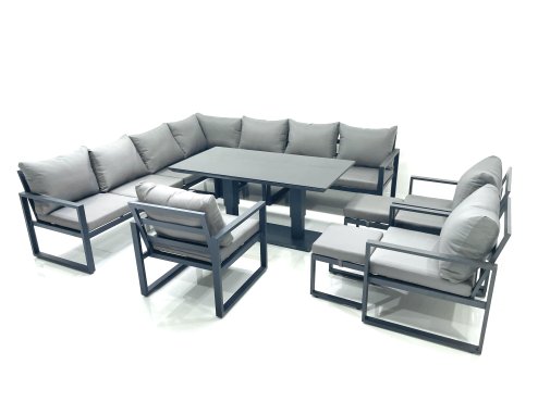 Fimous 12 Seater Outdoor Aluminum Garden Furniture Set Corner Sofa 3 Chair 2 Small Footstool Adjustable Rising Lifting Dining Table Sets Dark Grey