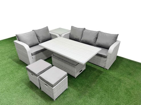 Fimous 7 Seater PE Rattan Wicker Garden Furniture Patio Conservatory Sofa Set with Adjustable Lifting Dining or Coffee Table 3 Seater Sofa Love Sofa 2 Stools Side Table