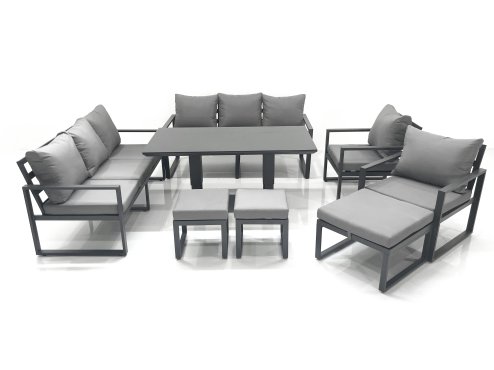 Fimous Garden Sofa Set Aluminium Furniture Rising Dining Tabe Set with 2 Chair 3 Footstools Dark Grey