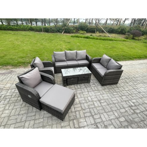 Fimous Outdoor Rattan Garden Furniture Set Rattan Lounge Sofa Set with Rectangular Coffee Table 3 Footstools Dark Grey Mixed