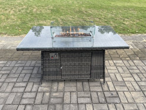 Fimous 8 Seater Rattan Outdoor Garden Furniture Gas Fire Pit Table Sets Gas Heater with Love Sofa Armchair 3 Footstools 2 Side Tables Dark Mixed Grey