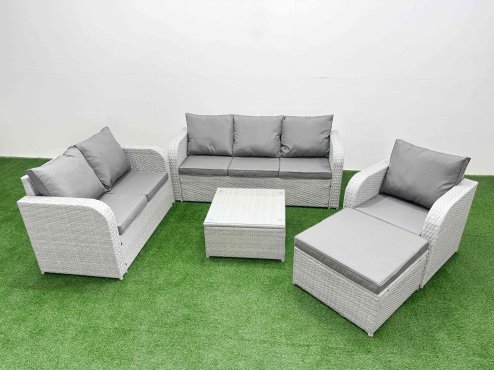 Fimous Patio PE Wicker 7 Seater Outdoor Rattan Furniture Sofa Sets with Square Coffee Table Reclining Chair Loveseat Sofa 3 Seater Sofa Big Footstool Light Grey