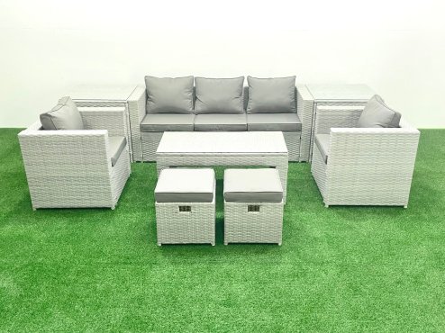 Fimous Rattan Garden Furniture Set 7 Seater Outdoor Garden Sofa Oblong Coffee Table Set with 2 Chairs 2 Stools 2 Side Tables Light Grey Mixed