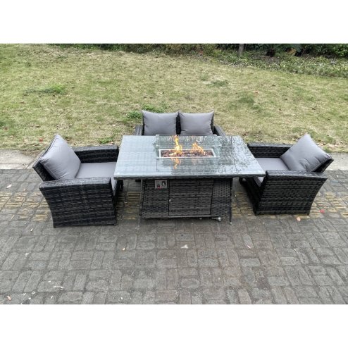 Fimous Rattan Outdoor Furniture Gas Fire Pit Rectangle Dining Table Gas Heater Chairs Two Seater Love Sofa Sets 4 Seater