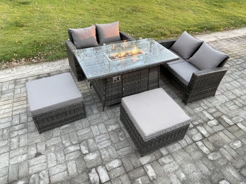Fimous 5 Pieces Garden Furniture Sets Poly Rattan Outdoor Patio Gas Firepit Dining Table Sofa Set with 2 Big Footstool