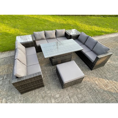 Fimous U Shape Rattan Gardern Furniture Dining Sofa Set Adjustable Rising Dining Table With 2 Side Coffee Table Extra Big Footstool