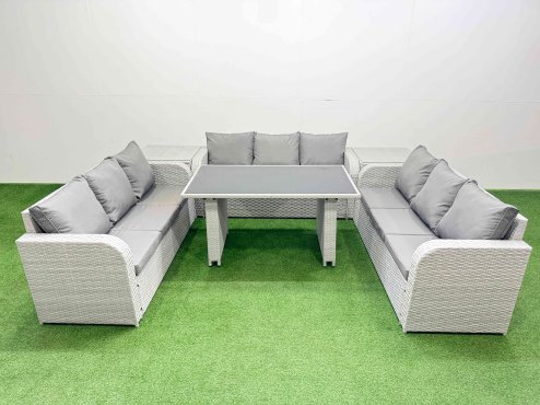 Fimous Patio Garden Furniture Sets with Black Glass Top Dining Table 3 Seater Sofa 2 Side Tables Light Grey