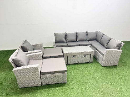 Fimous Rattan Garden Furniture Set 9 Pieces Outdoor Garden Sofa Oblong Coffee Table Set with 2 Chairs 4 Footstools Light Grey Mixed